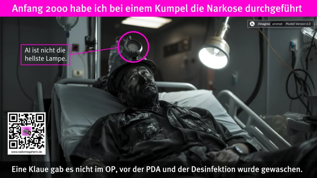 So stellt sich Midjourney einen KI generierten Bergarbeiter in einem Krankenhaus vor. Die am Helm montierte Grubenlampe ist ein Manometer. Mannoman. Nicht die hellste Lampe (Modell Version 6 von Midjourney). Radiomegahertz